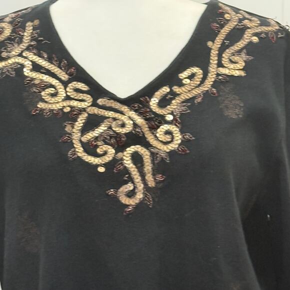 Chico’s size 2 US Large black long sleeve pullover shitt, embroidered, sequins - Picture 2 of 8